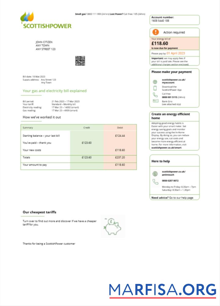 Realistic United Kingdom Scottish Power utility bill Word and PDF template scr